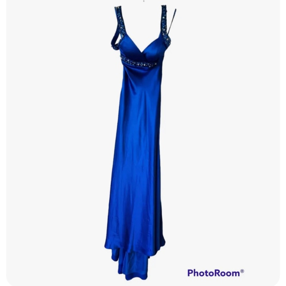 Vintage 90s maxi, rhinestones satin blue prom dress